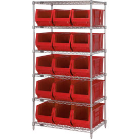 Quantum® 6 Shelf Chrome Bin Shelving 36"W x 30"D x 74"H 15 Hulk Containers Red