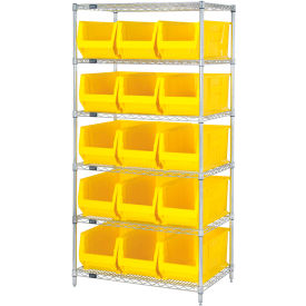 Quantum® 6 Shelf Chrome Bin Shelving 36"W x 30"D x 74"H 15 Hulk Containers Yellow