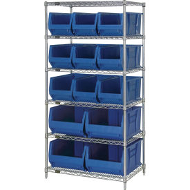 Quantum® 6 Shelf Chrome Bin Shelving 36"W x 30"D x 74"H 13 Hulk Containers Blue