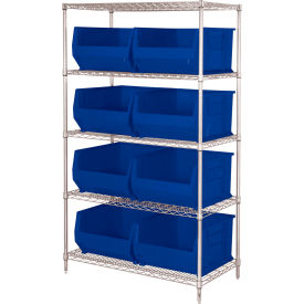 Quantum® 5 Shelf Chrome Bin Shelving 42"W x 30"D x 74"H 8 Hulk Containers Blue