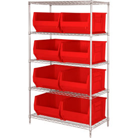 Quantum® 5 Shelf Chrome Bin Shelving 42"W x 30"D x 74"H 8 Hulk Containers Red
