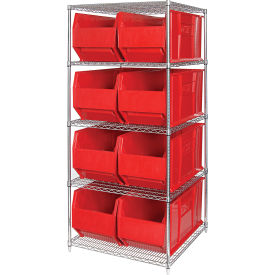 Quantum® 5 Shelf Chrome Bin Shelving 36"W x 36"D x 86"H 8 Hulk Containers Red