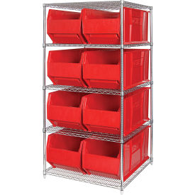 Quantum® 5 Shelf Chrome Bin Shelving 48"W x 36"D x 86"H 8 Hulk Containers Red