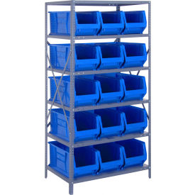 Quantum 2475-953 Steel Shelving with 15 24"D Hulk Hopper Bins Blue 24x36x75