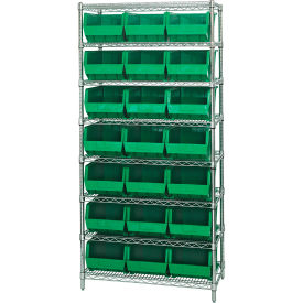 Quantum® 8 Shelf Chrome Bin Shelving 36"W x 18"D x 74"H 21 Ultra Stack & Hang Bins Green