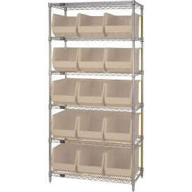 Quantum® 6 Shelf Chrome Bin Shelving 36"W x 18"D x 74"H 15 Ultra Stack & Hang Bins Beige