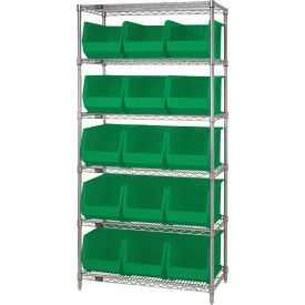 Quantum® 6 Shelf Chrome Bin Shelving 36"W x 18"D x 74"H 15 Ultra Stack & Hang Bins Green
