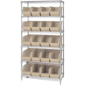 Quantum® 6 Shelf Chrome Bin Shelving 36"W x 18"D x 74"H 20 Ultra Stack & Hang Bins Beige