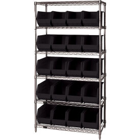 Quantum® 6 Shelf Chrome Bin Shelving 36"W x 18"D x 74"H 20 Ultra Stack & Hang Bins Black