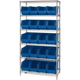 Quantum® 6 Shelf Chrome Bin Shelving 36"W x 18"D x 74"H 20 Ultra Stack & Hang Bins Blue