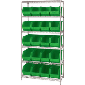 Quantum® 6 Shelf Chrome Bin Shelving 36"W x 18"D x 74"H 20 Ultra Stack & Hang Bins Green