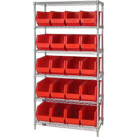 Quantum® 6 Shelf Chrome Bin Shelving 36"W x 18"D x 74"H 20 Ultra Stack & Hang Bins Red
