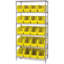 Quantum® 6 Shelf Chrome Bin Shelving 36"W x 18"D x 74"H 20 Ultra Stack & Hang Bins Yellow