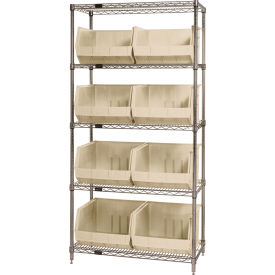 Quantum® 5 Shelf Chrome Bin Shelving 36"W x 18"D x 74"H 8 Ultra Stack & Hang Bins Beige