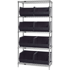 Quantum® 5 Shelf Chrome Bin Shelving 36"W x 18"D x 74"H 8 Ultra Stack & Hang Bins Black