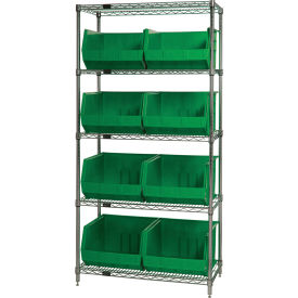 Quantum® 5 Shelf Chrome Bin Shelving 36"W x 18"D x 74"H 8 Ultra Stack & Hang Bins Green