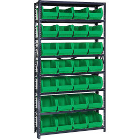 Quantum QSBU-240 Steel Shelving With 28 Giant Stacking Bins Green 12x36x75