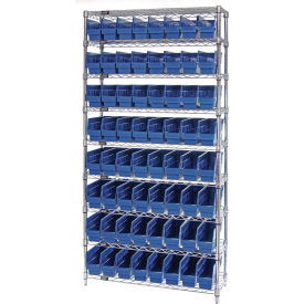 Quantum® 9 Shelf Chrome Bin Shelving 36"W x 12"D x 74"H 64 Economy Shelf Bins Blue