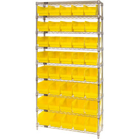 Quantum® 9 Shelf Chrome Bin Shelving 36"W x 12"D x 74"H 40 Economy Shelf Bins Yellow
