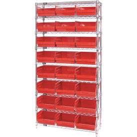 Quantum® 9 Shelf Chrome Bin Shelving 36"W x 12"D x 74"H 24 Economy Shelf Bins Red