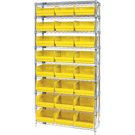 Quantum® 9 Shelf Chrome Bin Shelving 36"W x 12"D x 74"H 24 Economy Shelf Bins Yellow