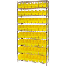 Quantum® 9 Shelf Chrome Bin Shelving 36"W x 18"D x 74"H 64 Economy Shelf Bins Yellow
