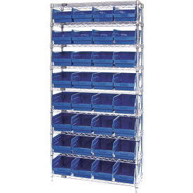 Quantum® 9 Shelf Chrome Bin Shelving 36"W x 18"D x 74"H 32 Economy Shelf Bins Blue