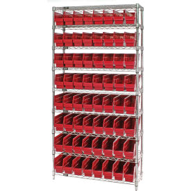 Quantum® 9 Shelf Chrome Bin Shelving 36"W x 18"D x 74"H 64 Economy Shelf Bins Red