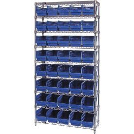 Quantum® 9 Shelf Chrome Bin Shelving 36"W x 18"D x 74"H 40 Economy Shelf Bins Blue
