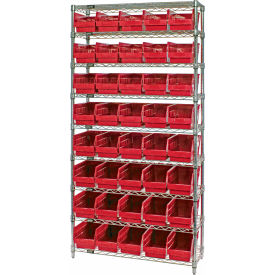 Quantum® 9 Shelf Chrome Bin Shelving 36"W x 18"D x 74"H 40 Economy Shelf Bins Red