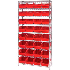 Quantum® 9 Shelf Chrome Bin Shelving 36"W x 18"D x 74"H 32 Economy Shelf Bins Red