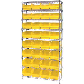 Quantum® 9 Shelf Chrome Bin Shelving 36"W x 18"D x 74"H 32 Economy Shelf Bins Yellow