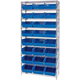 Quantum® 9 Shelf Chrome Bin Shelving 36"W x 24"D x 74"H 24 Economy Shelf Bins Blue