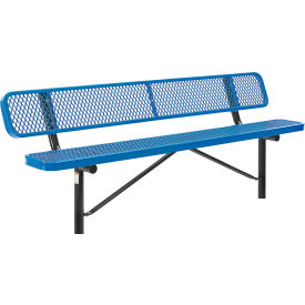Global Industrial 8' Outdoor Steel Bench w/ Backrest, Expanded Metal, In Ground Mount, Blue