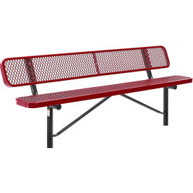 Global Industrial 8' Outdoor Steel Bench w/ Backrest, Expanded Metal, In Ground Mount, Red