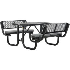 Global Industrial 277620BKS Global Industrial™ 4 Rectangular Picnic Table w/ Backrests & Cushions, Expanded Metal, Black image.