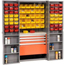 Global Industrial 159009 Global Industrial™ Security Work Center & Storage Cabinet - Shelves, 4 Drawers, Yellow/Red Bins image.