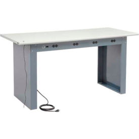 Global Industrial 250229 Global Industrial™ Panel Leg Workbench w/ESD Safety Edge Top & Power Apron, 72"W x 30"D, Gray image.