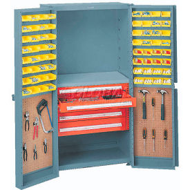 Global Industrial 500342 Security Work Center & Storage Cabinet With Peboards, 8 Drawers & 64 Yellow Bins image.