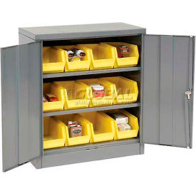 Global Industrial 500434 Locking Storage Cabinet 36"W X 18"D X 42"H With 12 Yellow Stacking Bins and 2 Shelves Assembled image.