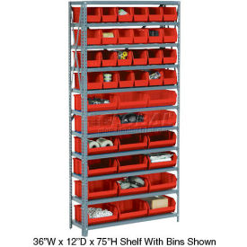 Global Industrial 506204RD Global Industrial™ Steel Open Shelving - 28 Red 8-1/4x10-3/4x7 Stacking Bins 8 Shelves 36x12x73 image.