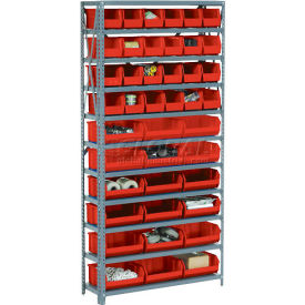Global Industrial 506205RD Global Industrial™ Steel Open Shelving - 28 Red 8-1/4x14-3/4x7 Stacking Bins 8 Shelves 36x12x73 image.