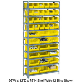 Global Industrial 506206YL Global Industrial™ Steel Open Shelving - 14 Yellow Plastic Stacking Bins 8 Shelves 36 x 12 x 73 image.