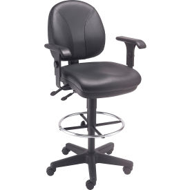 Global Industrial 506755 Interion® Leather Task Stool with Arms - 360° Footrest - Black image.