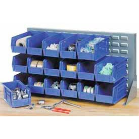 Global Industrial 550152BL Global Industrial™ Louvered Bench Rack 36"W x 20"H - 32 of Blue Premium Stacking Bins image.