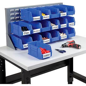 Global Industrial 550154BL Global Industrial™ Louvered Bench Rack 36"W x 20"H - 18 of Blue Premium Stacking Bins image.
