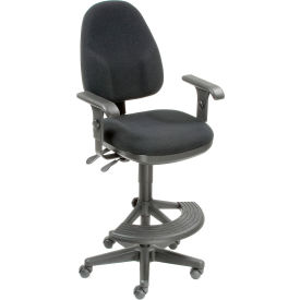 Global Industrial 506783BK Interion® Work Stool With Arms - Fabric - 180° Footrest - Black image.