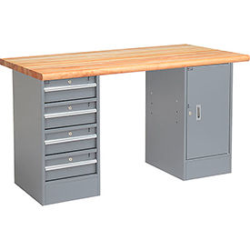 Global Industrial 607622 Global Industrial™ 60 x 30 Pedestal Workbench - 4 Drawers & Cabinet, Maple Safety Edge - Gray image.
