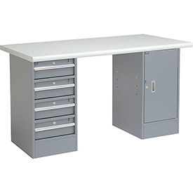 Global Industrial 72 x 30 Pedestal Workbench 4 Drawers & 1 Cabinet, Laminate Safety Edge Gray