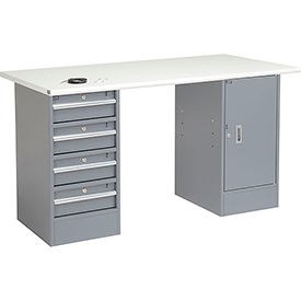 Global Industrial 607626 Global Industrial™ 60"W x 30"D Pedestal Workbench - 4 Drawers & Cabinet, ESD Safety Edge - Gray image.